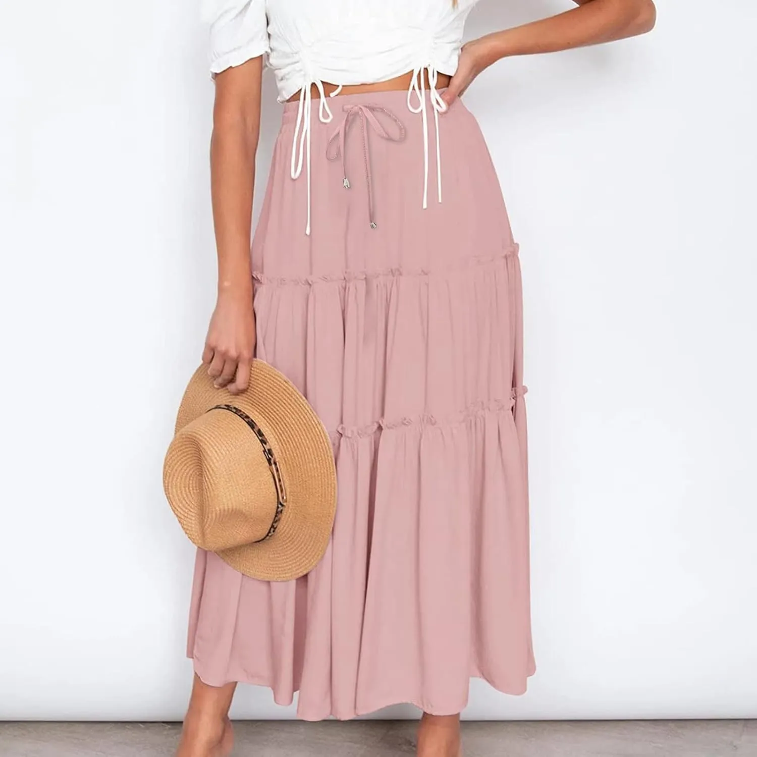 Womens 2025 Summer Long Flowy Skirt Elastic High Waist Boho Casual Maxi Skirt Tie Pleated Ruffle Tiered Skirts