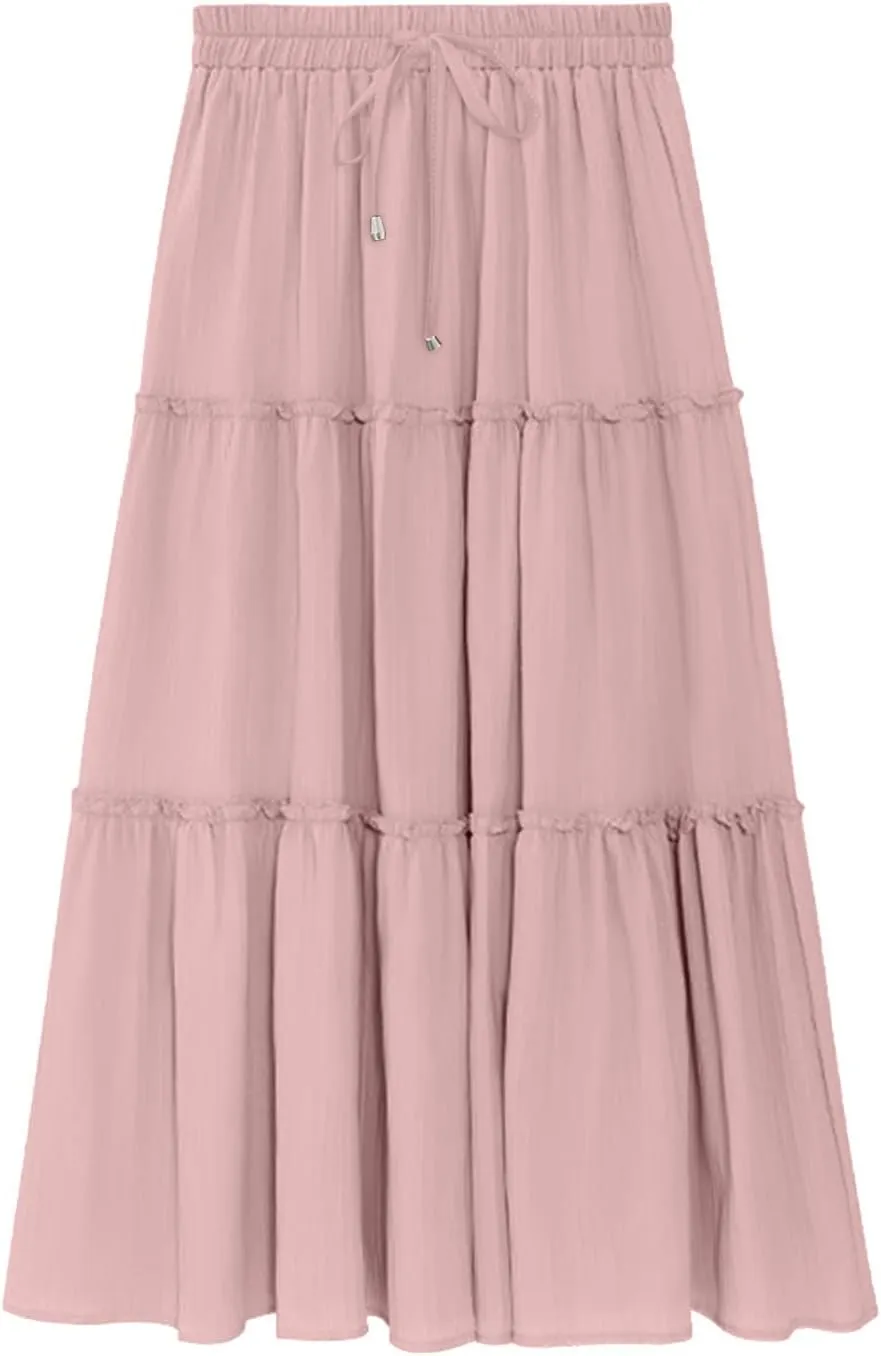 Womens 2025 Summer Long Flowy Skirt Elastic High Waist Boho Casual Maxi Skirt Tie Pleated Ruffle Tiered Skirts