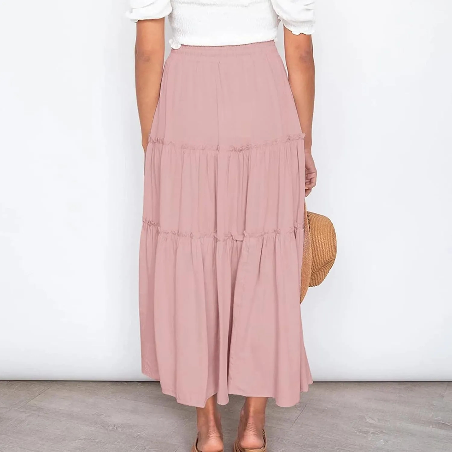 Womens 2025 Summer Long Flowy Skirt Elastic High Waist Boho Casual Maxi Skirt Tie Pleated Ruffle Tiered Skirts