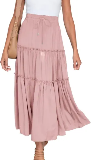 Womens 2025 Summer Long Flowy Skirt Elastic High Waist Boho Casual Maxi Skirt Tie Pleated Ruffle Tiered Skirts