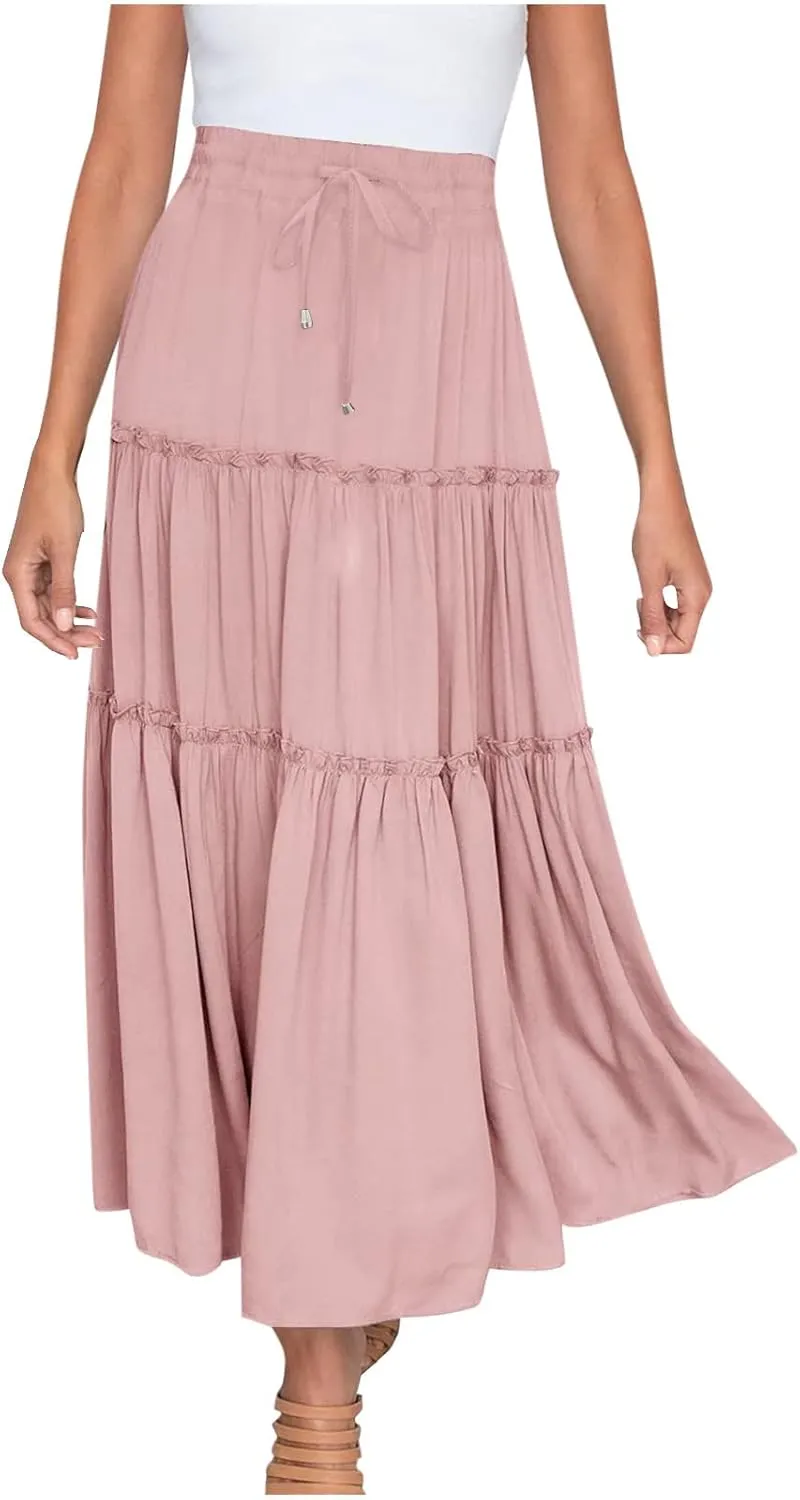 Womens 2025 Summer Long Flowy Skirt Elastic High Waist Boho Casual Maxi Skirt Tie Pleated Ruffle Tiered Skirts