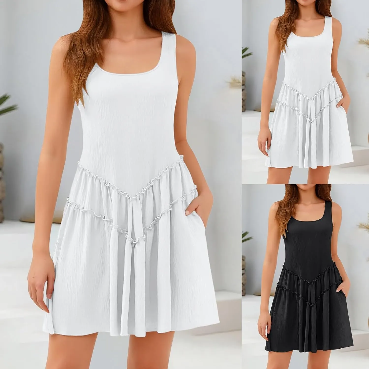 Women's 2025 Summer Sleeveless Tank Mini Dresses Square Neck A Line Flowy Short Dress Beach Vocation Sundress