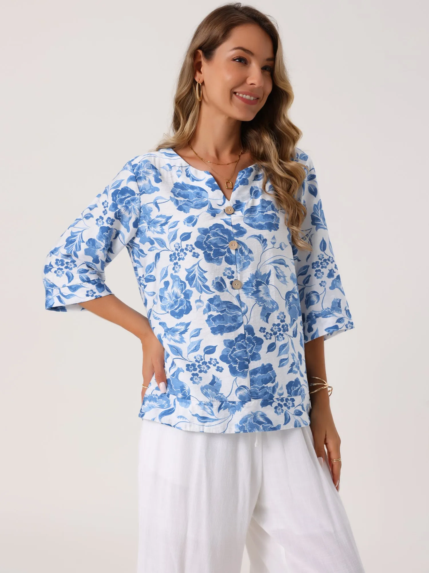 Women's 3/4 Sleeve Tops Dressy Casual V Neck Boho Floral Button Decor Summer Blouse Shirts