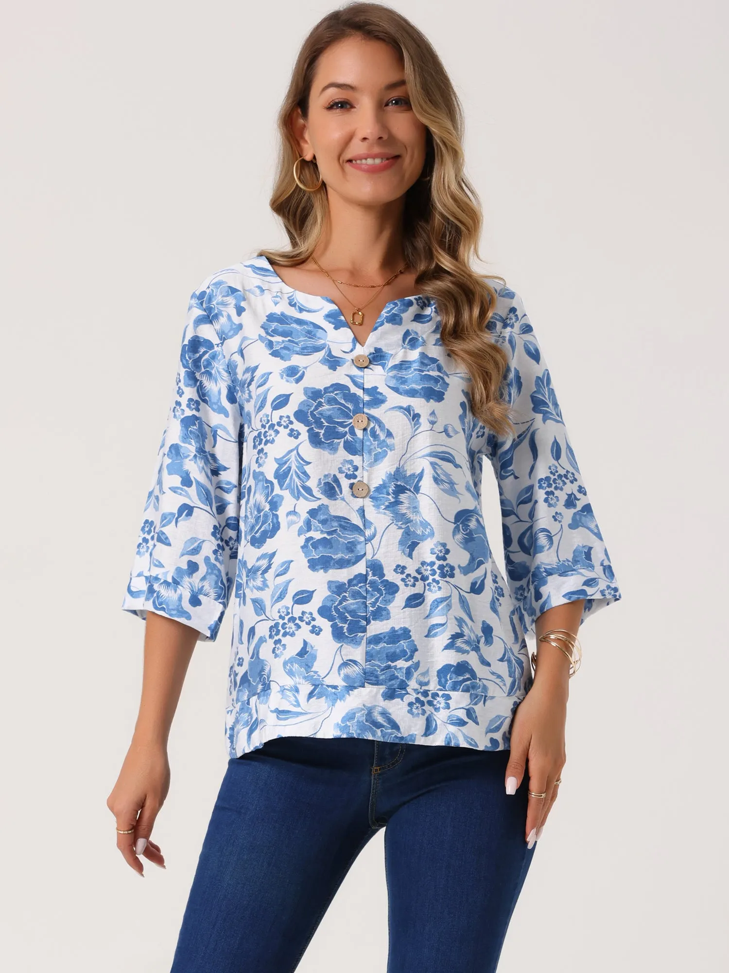 Women's 3/4 Sleeve Tops Dressy Casual V Neck Boho Floral Button Decor Summer Blouse Shirts