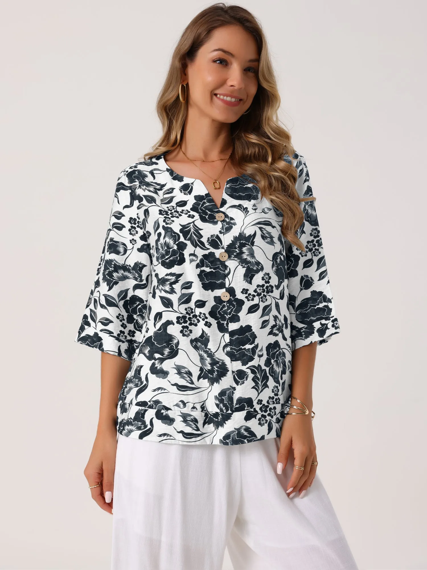 Women's 3/4 Sleeve Tops Dressy Casual V Neck Boho Floral Button Decor Summer Blouse Shirts