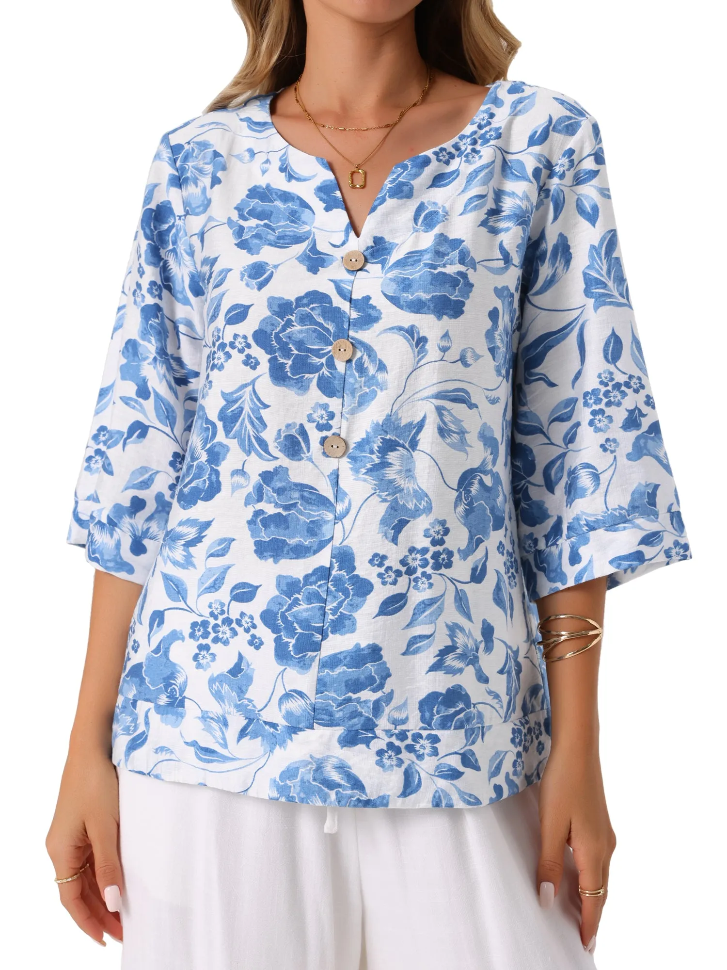 Women's 3/4 Sleeve Tops Dressy Casual V Neck Boho Floral Button Decor Summer Blouse Shirts