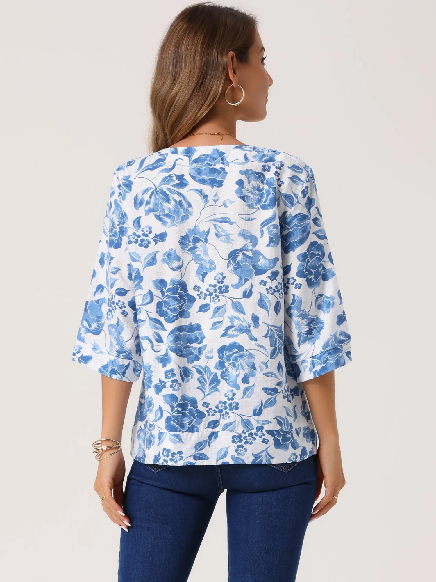 Women's 3/4 Sleeve Tops Dressy Casual V Neck Boho Floral Button Decor Summer Blouse Shirts