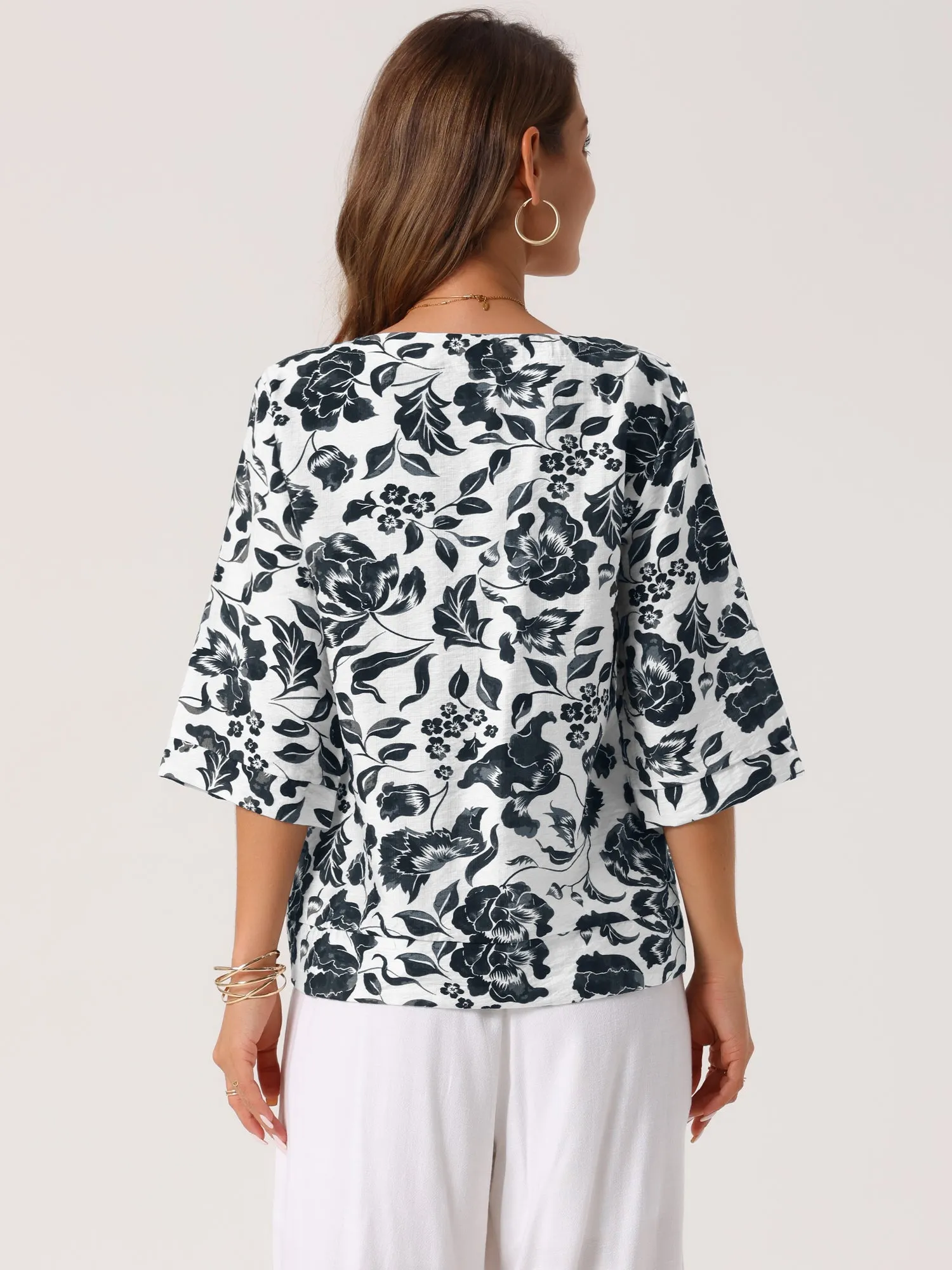 Women's 3/4 Sleeve Tops Dressy Casual V Neck Boho Floral Button Decor Summer Blouse Shirts