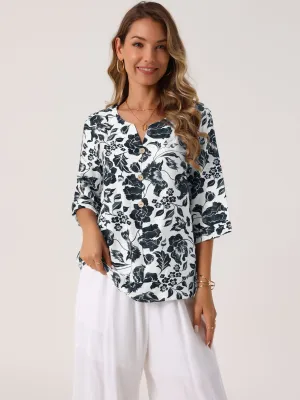 Women's 3/4 Sleeve Tops Dressy Casual V Neck Boho Floral Button Decor Summer Blouse Shirts