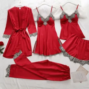Womens 5PC Silk Robe Satin Pajamas Sleep Suit Lace  Gown Set V-Neck Cami Nighties Wear Pijama Home Nightwear Spring Nightdress