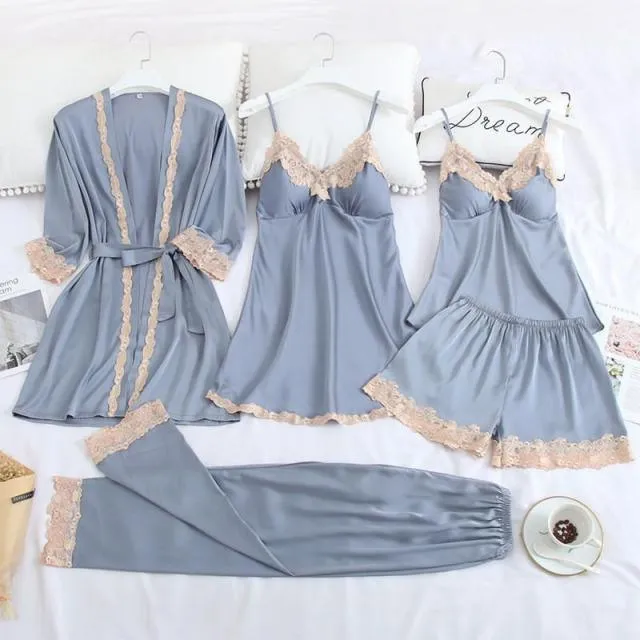 Womens 5PC Silk Robe Satin Pajamas Sleep Suit Lace  Gown Set V-Neck Cami Nighties Wear Pijama Home Nightwear Spring Nightdress