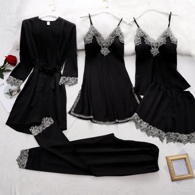 Womens 5PC Silk Robe Satin Pajamas Sleep Suit Lace  Gown Set V-Neck Cami Nighties Wear Pijama Home Nightwear Spring Nightdress