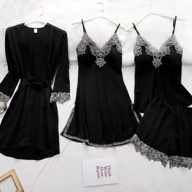 Womens 5PC Silk Robe Satin Pajamas Sleep Suit Lace  Gown Set V-Neck Cami Nighties Wear Pijama Home Nightwear Spring Nightdress