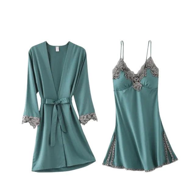 Womens 5PC Silk Robe Satin Pajamas Sleep Suit Lace  Gown Set V-Neck Cami Nighties Wear Pijama Home Nightwear Spring Nightdress