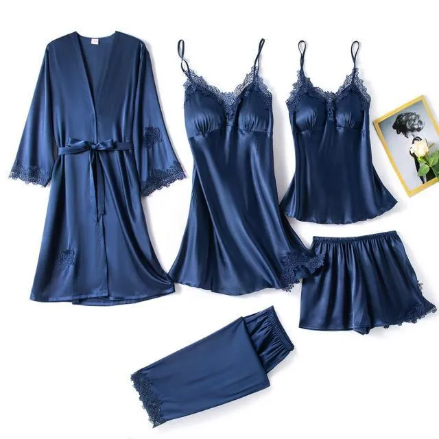 Womens 5PC Silk Robe Satin Pajamas Sleep Suit Lace  Gown Set V-Neck Cami Nighties Wear Pijama Home Nightwear Spring Nightdress
