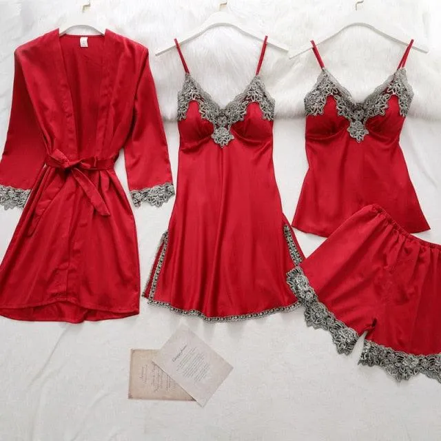 Womens 5PC Silk Robe Satin Pajamas Sleep Suit Lace  Gown Set V-Neck Cami Nighties Wear Pijama Home Nightwear Spring Nightdress