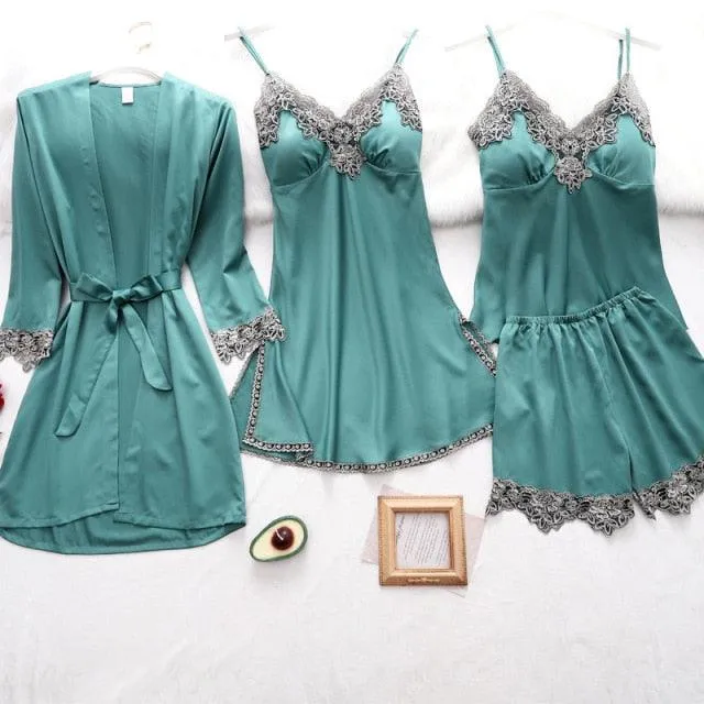 Womens 5PC Silk Robe Satin Pajamas Sleep Suit Lace  Gown Set V-Neck Cami Nighties Wear Pijama Home Nightwear Spring Nightdress