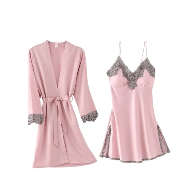 Womens 5PC Silk Robe Satin Pajamas Sleep Suit Lace  Gown Set V-Neck Cami Nighties Wear Pijama Home Nightwear Spring Nightdress