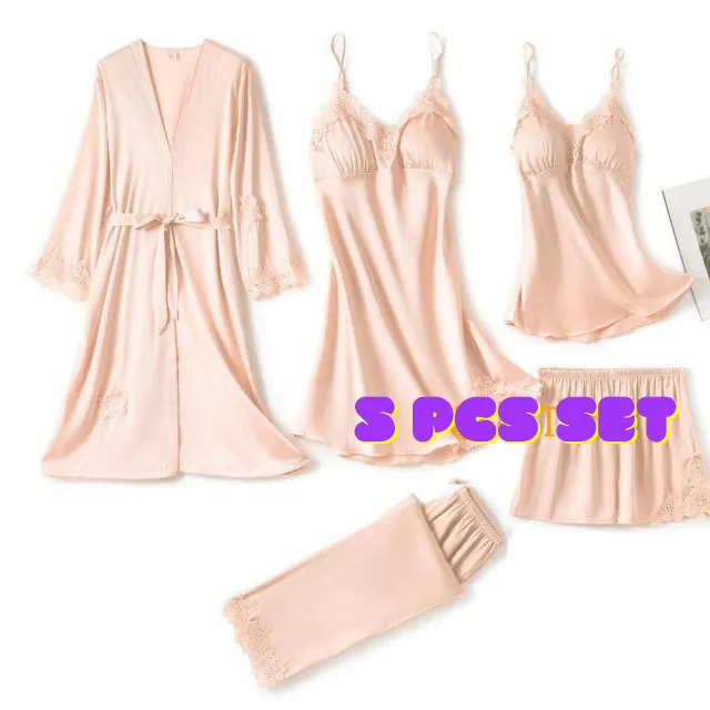 Womens 5PC Silk Robe Satin Pajamas Sleep Suit Lace  Gown Set V-Neck Cami Nighties Wear Pijama Home Nightwear Spring Nightdress
