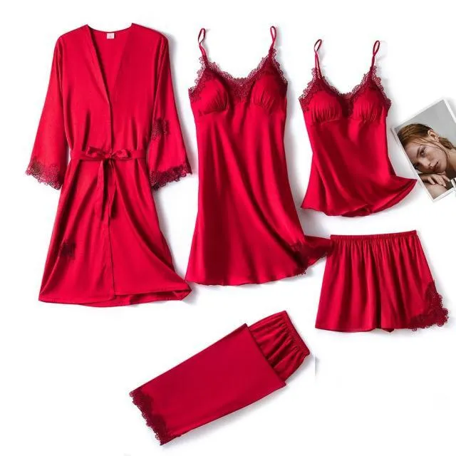 Womens 5PC Silk Robe Satin Pajamas Sleep Suit Lace  Gown Set V-Neck Cami Nighties Wear Pijama Home Nightwear Spring Nightdress