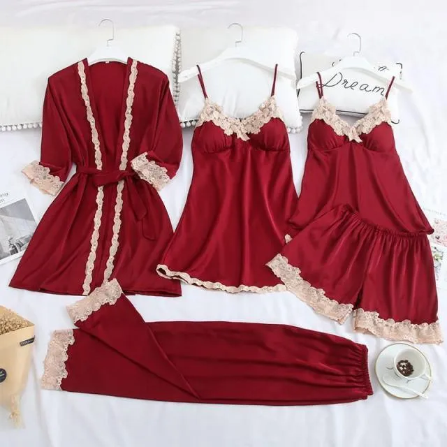 Womens 5PC Silk Robe Satin Pajamas Sleep Suit Lace  Gown Set V-Neck Cami Nighties Wear Pijama Home Nightwear Spring Nightdress