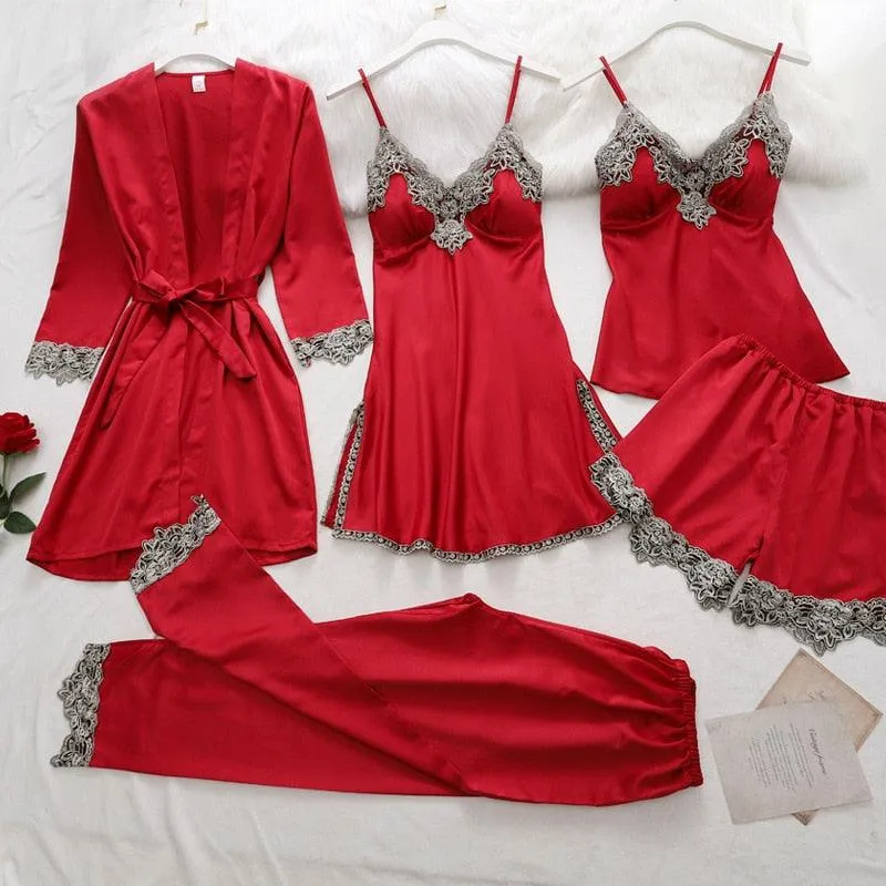 Womens 5PC Silk Robe Satin Pajamas Sleep Suit Lace  Gown Set V-Neck Cami Nighties Wear Pijama Home Nightwear Spring Nightdress
