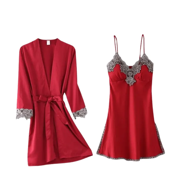 Womens 5PC Silk Robe Satin Pajamas Sleep Suit Lace  Gown Set V-Neck Cami Nighties Wear Pijama Home Nightwear Spring Nightdress