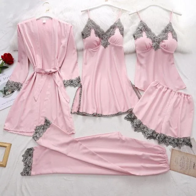 Womens 5PC Silk Robe Satin Pajamas Sleep Suit Lace  Gown Set V-Neck Cami Nighties Wear Pijama Home Nightwear Spring Nightdress