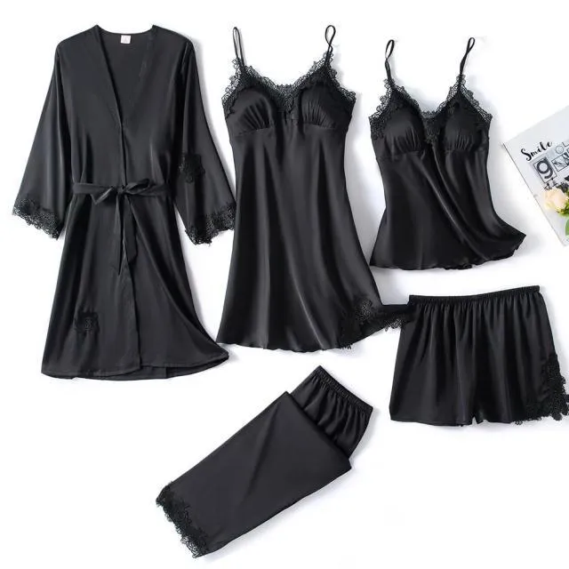 Womens 5PC Silk Robe Satin Pajamas Sleep Suit Lace  Gown Set V-Neck Cami Nighties Wear Pijama Home Nightwear Spring Nightdress