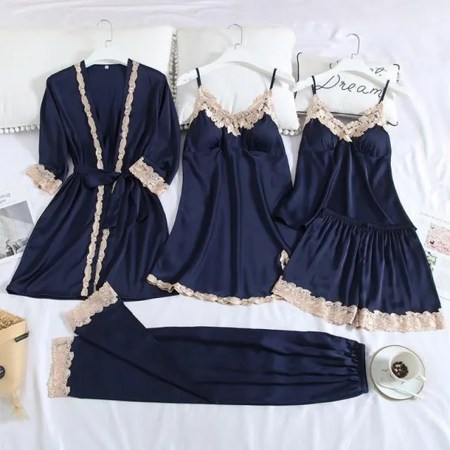 Womens 5PC Silk Robe Satin Pajamas Sleep Suit Lace  Gown Set V-Neck Cami Nighties Wear Pijama Home Nightwear Spring Nightdress
