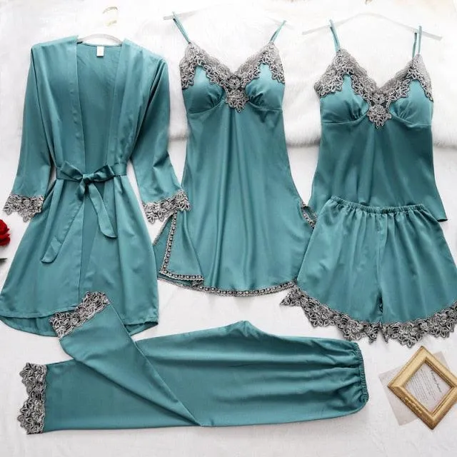 Womens 5PC Silk Robe Satin Pajamas Sleep Suit Lace  Gown Set V-Neck Cami Nighties Wear Pijama Home Nightwear Spring Nightdress