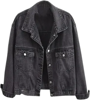 Women's Black Washed Denim Jackets Vintage Button Pockets Jeans Coat Oversize