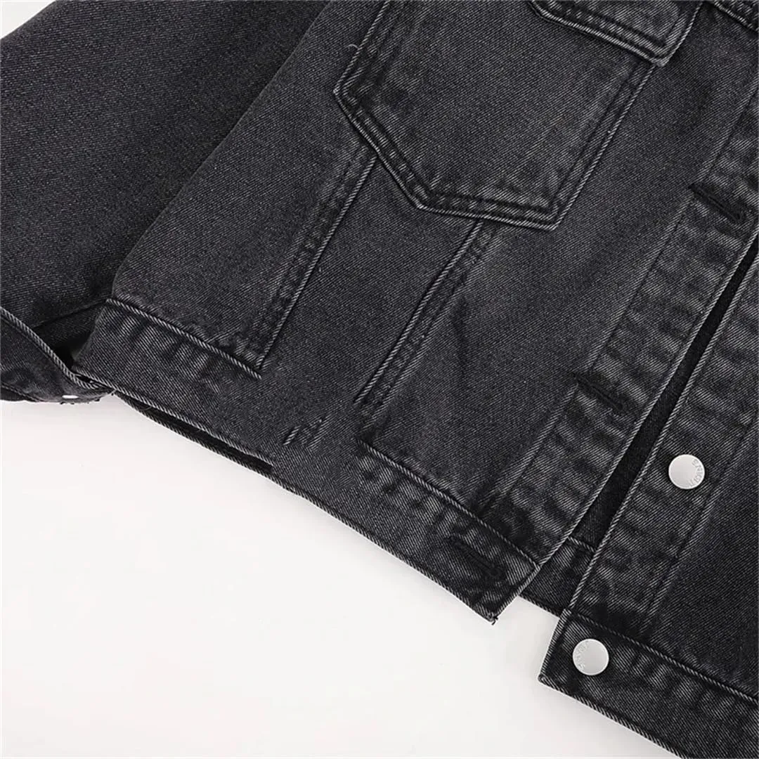Women's Black Washed Denim Jackets Vintage Button Pockets Jeans Coat Oversize