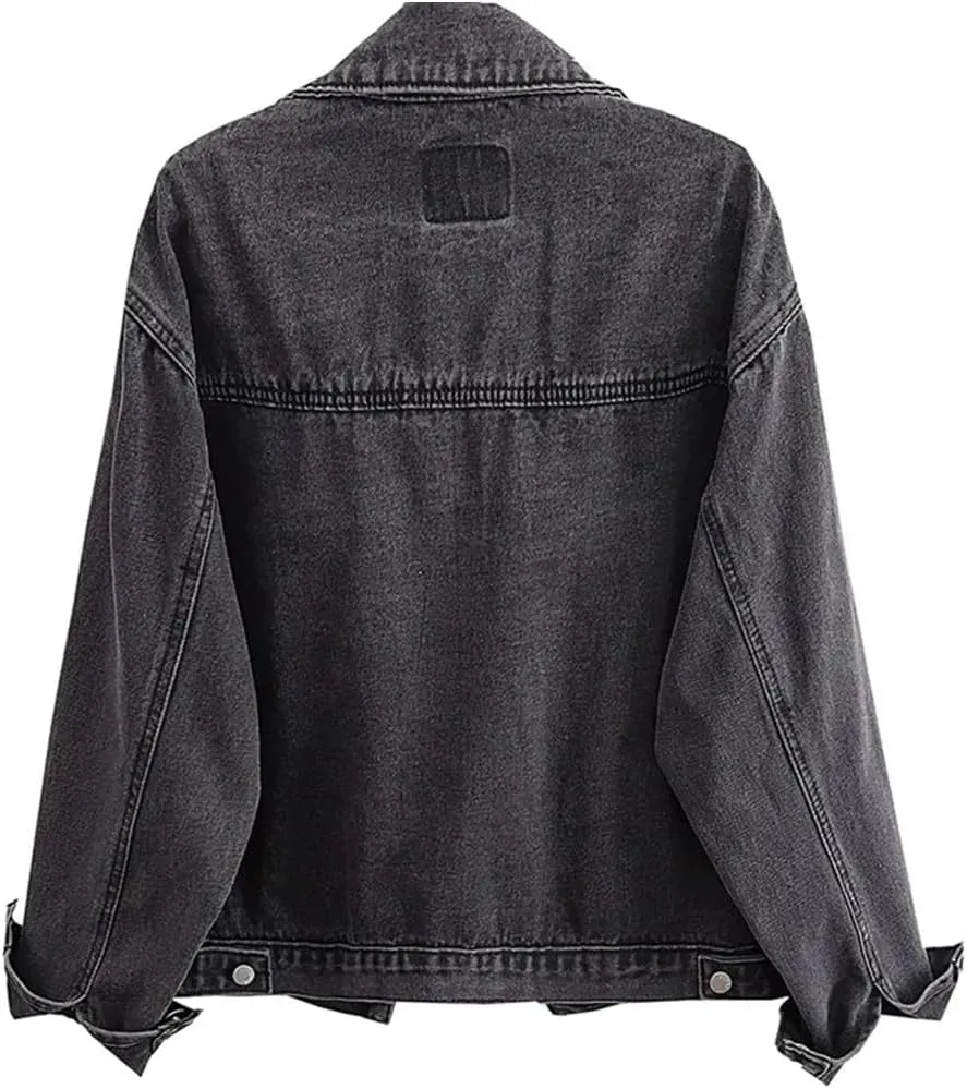 Women's Black Washed Denim Jackets Vintage Button Pockets Jeans Coat Oversize