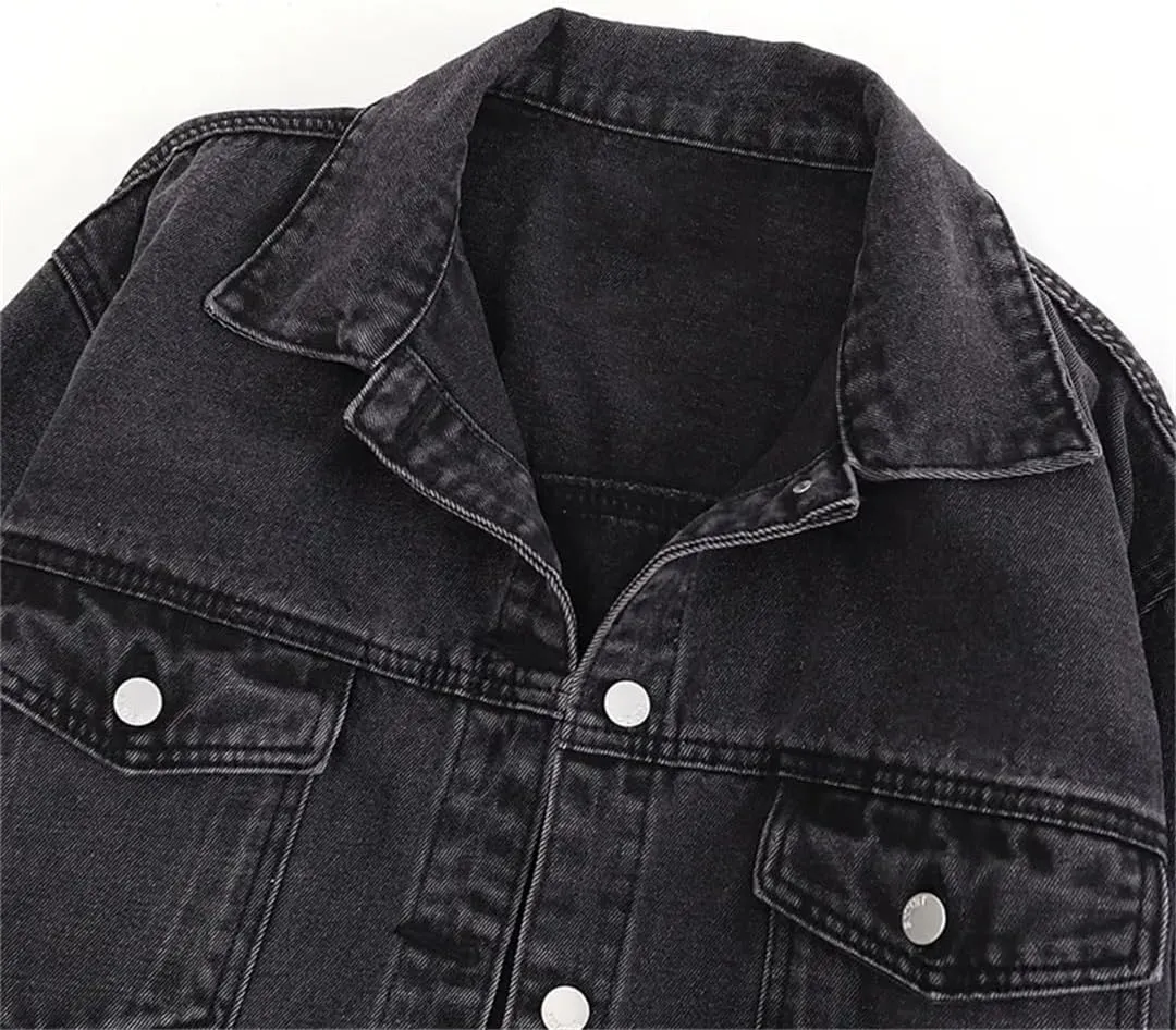 Women's Black Washed Denim Jackets Vintage Button Pockets Jeans Coat Oversize