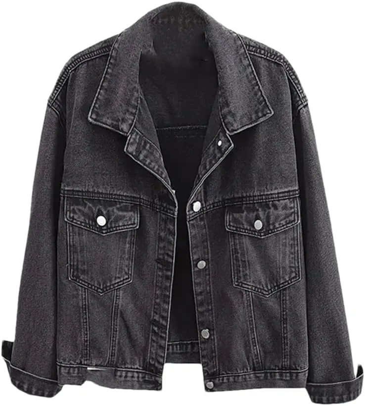 Women's Black Washed Denim Jackets Vintage Button Pockets Jeans Coat Oversize
