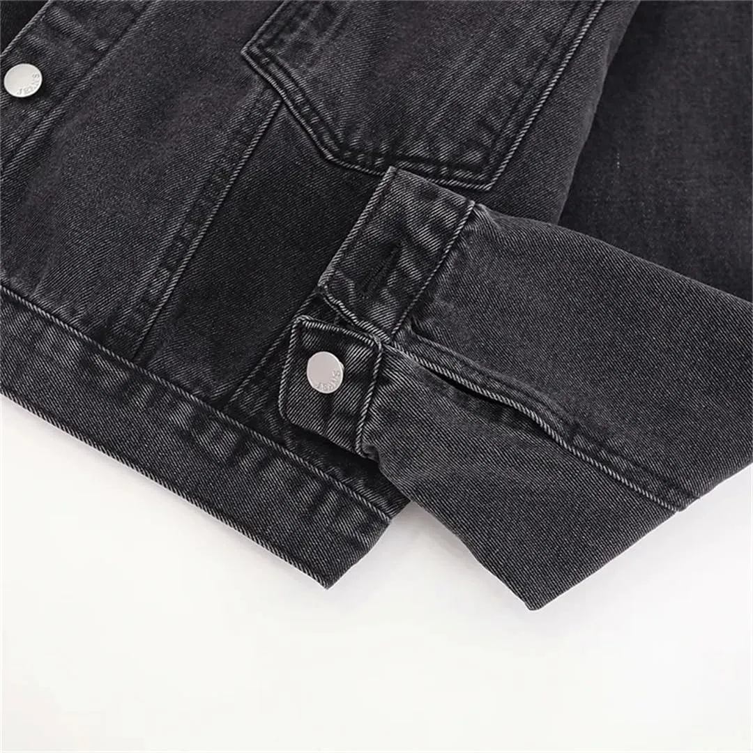 Women's Black Washed Denim Jackets Vintage Button Pockets Jeans Coat Oversize
