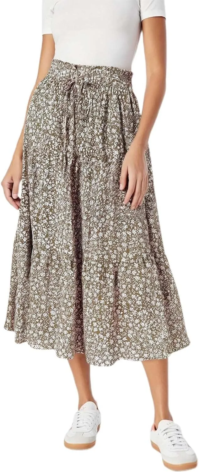 Women's Bohemian Floral Skirts Tiered Ruffle Elastic High Waisted Drawstring A-Line Flowy Swing Long Dress