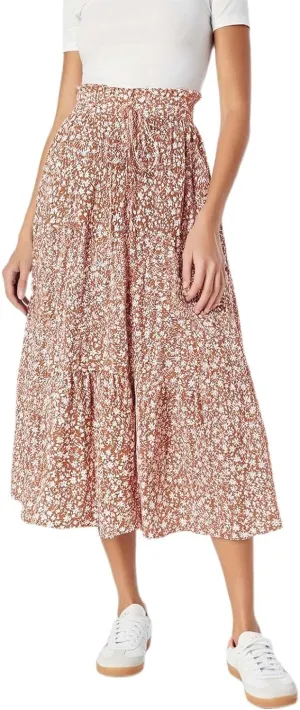 Women's Bohemian Floral Skirts Tiered Ruffle Elastic High Waisted Drawstring A-Line Flowy Swing Long Dress