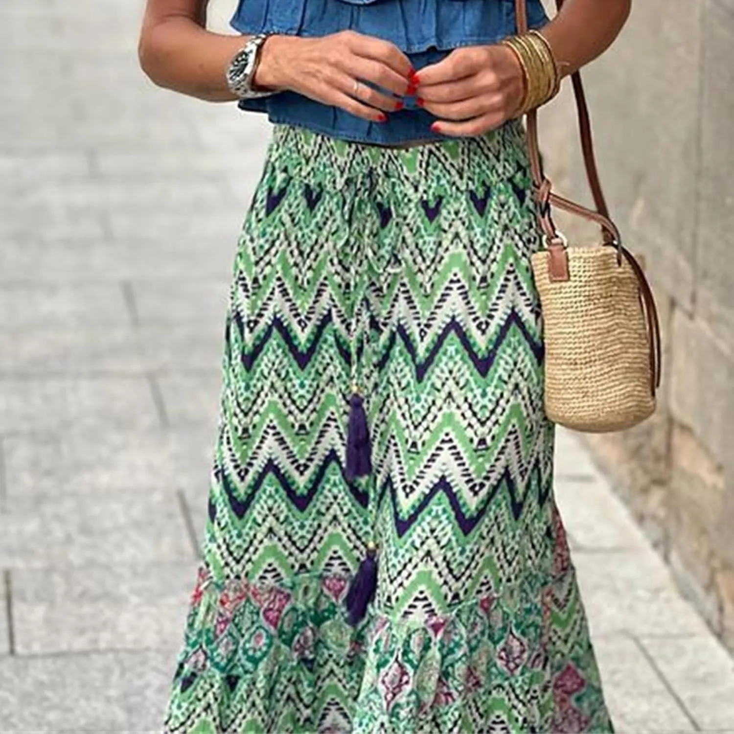 Womens Boho Ruffle Hem Long Skirts Flowy Drawstring Waist Maxi Skirts Tiered Summer Vacation Skirts for Women