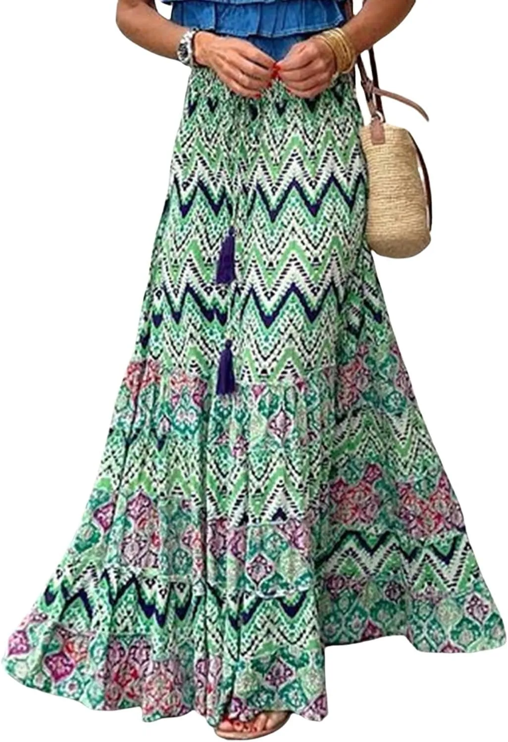 Womens Boho Ruffle Hem Long Skirts Flowy Drawstring Waist Maxi Skirts Tiered Summer Vacation Skirts for Women