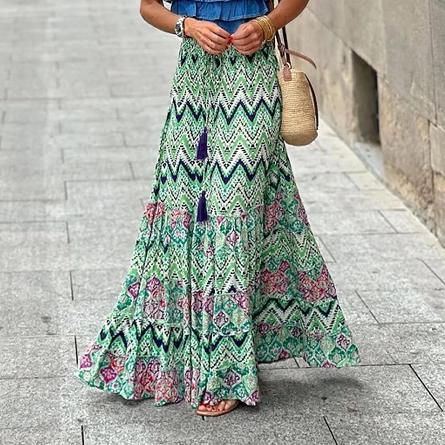 Womens Boho Ruffle Hem Long Skirts Flowy Drawstring Waist Maxi Skirts Tiered Summer Vacation Skirts for Women