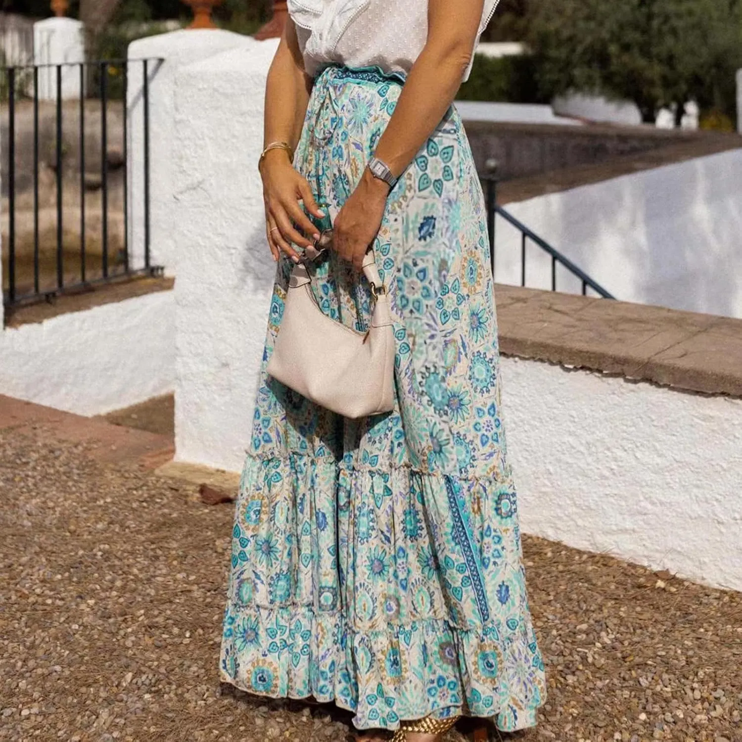 Womens Boho Ruffle Hem Long Skirts Flowy Drawstring Waist Maxi Skirts Tiered Summer Vacation Skirts for Women