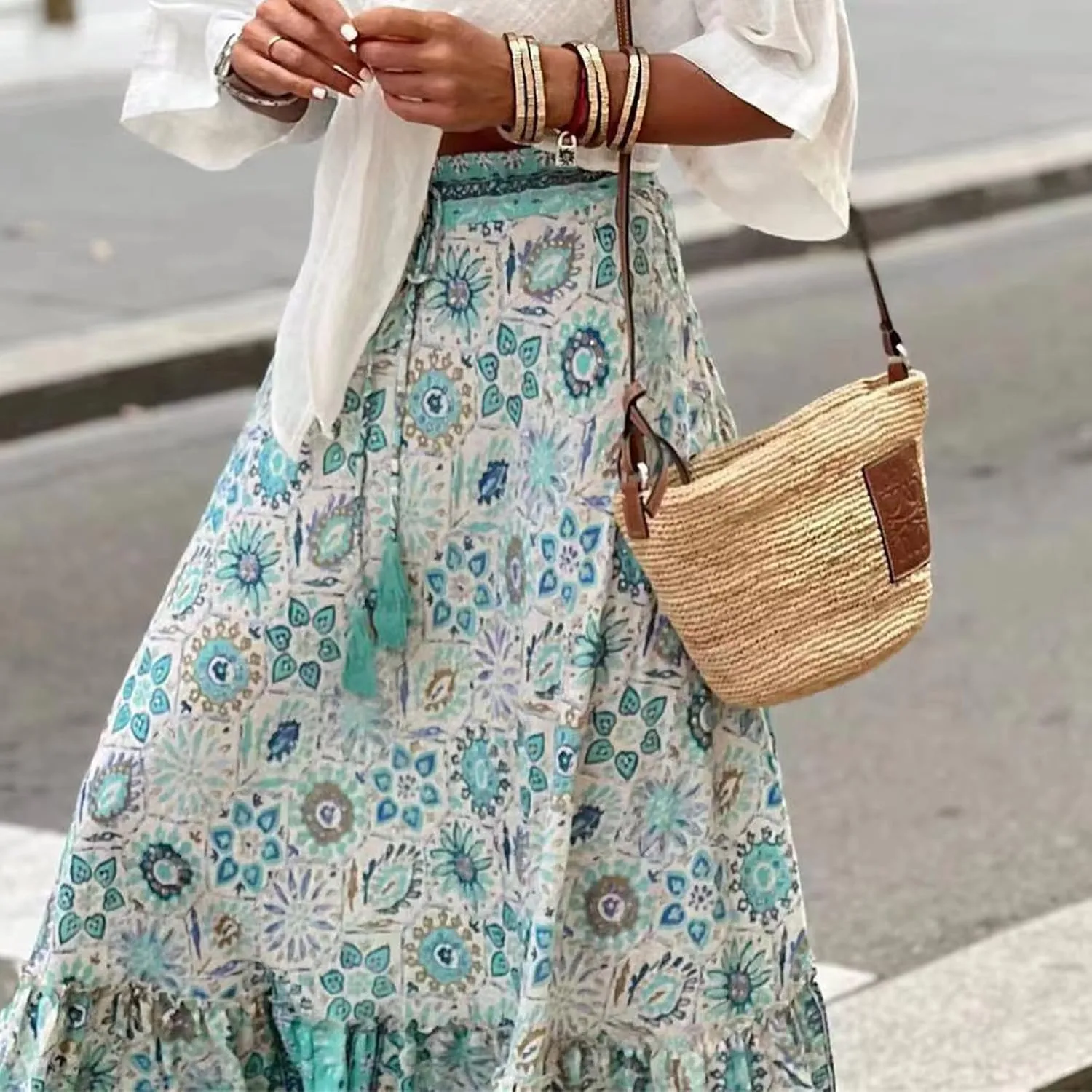 Womens Boho Ruffle Hem Long Skirts Flowy Drawstring Waist Maxi Skirts Tiered Summer Vacation Skirts for Women