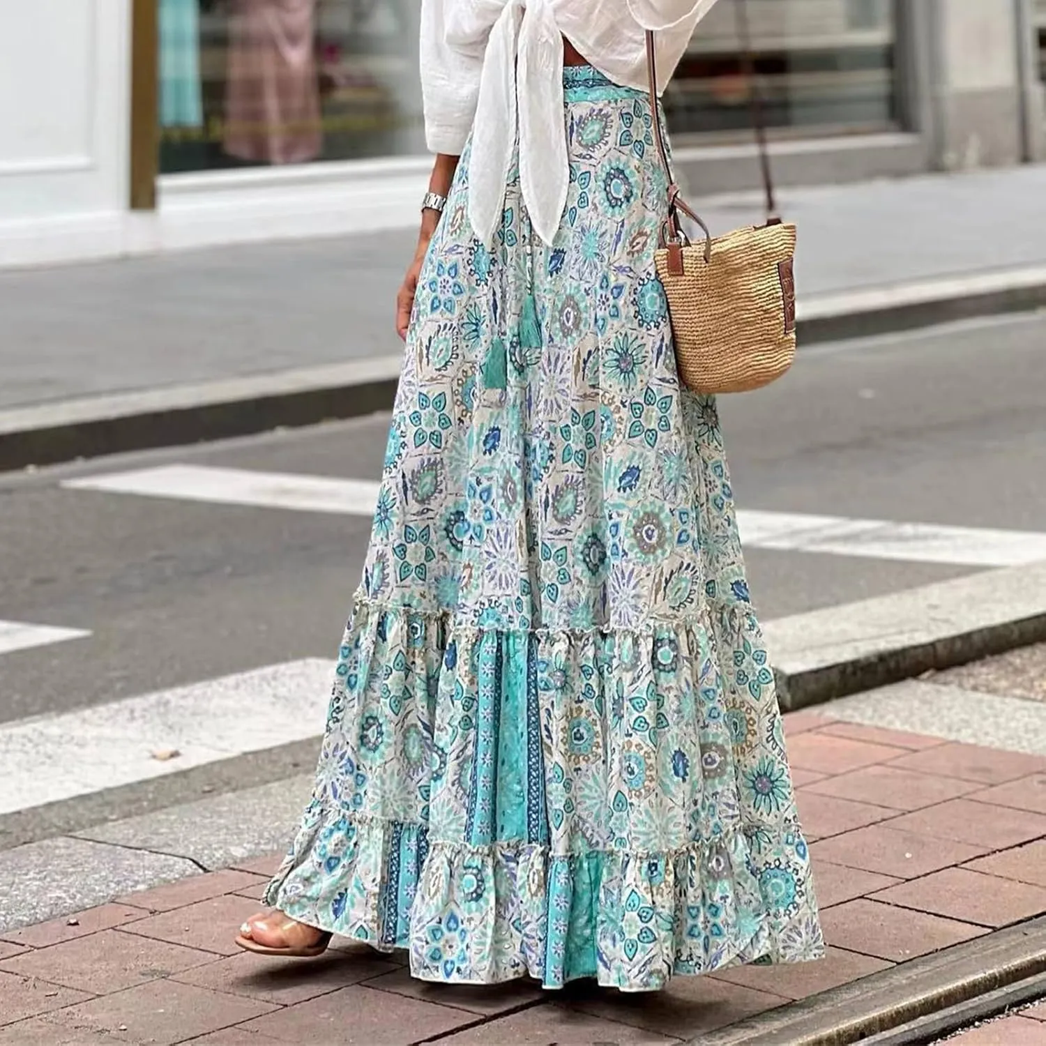 Womens Boho Ruffle Hem Long Skirts Flowy Drawstring Waist Maxi Skirts Tiered Summer Vacation Skirts for Women