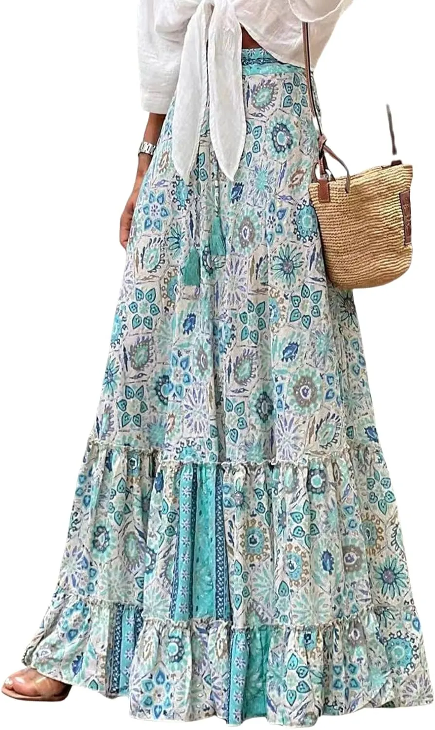 Womens Boho Ruffle Hem Long Skirts Flowy Drawstring Waist Maxi Skirts Tiered Summer Vacation Skirts for Women