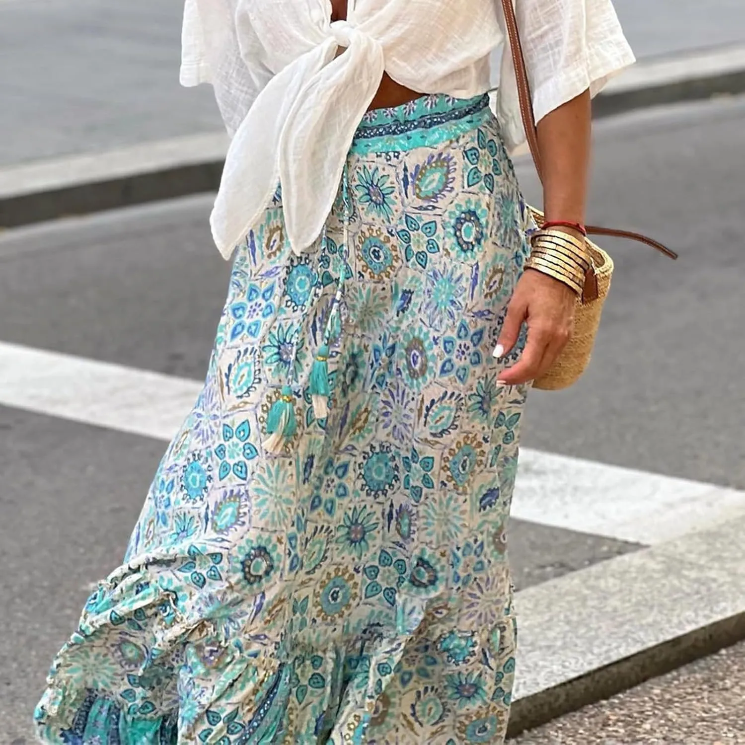 Womens Boho Ruffle Hem Long Skirts Flowy Drawstring Waist Maxi Skirts Tiered Summer Vacation Skirts for Women