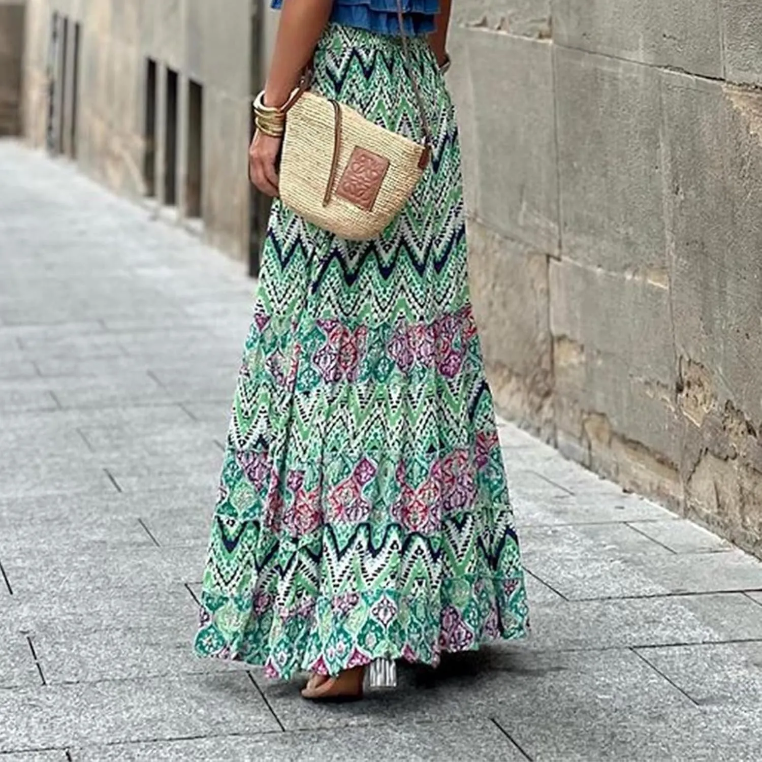 Womens Boho Ruffle Hem Long Skirts Flowy Drawstring Waist Maxi Skirts Tiered Summer Vacation Skirts for Women