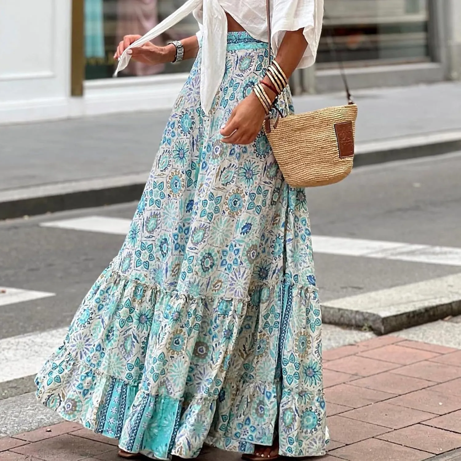 Womens Boho Ruffle Hem Long Skirts Flowy Drawstring Waist Maxi Skirts Tiered Summer Vacation Skirts for Women