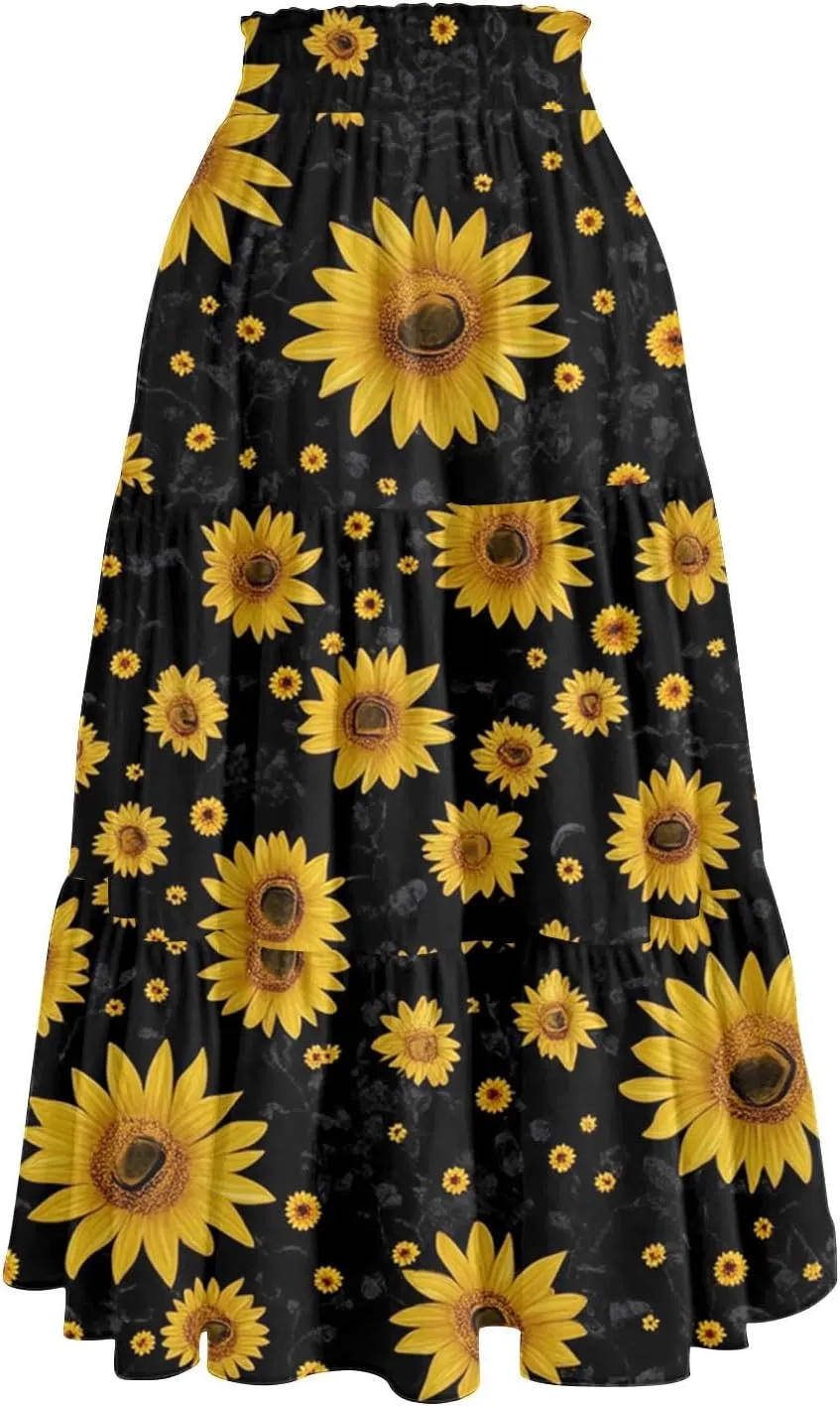 Women's Boho Skirt Floral Printing Drawstring Elastic Waist Ruched Hem Skirts Fashion Casual Vacation Skirt